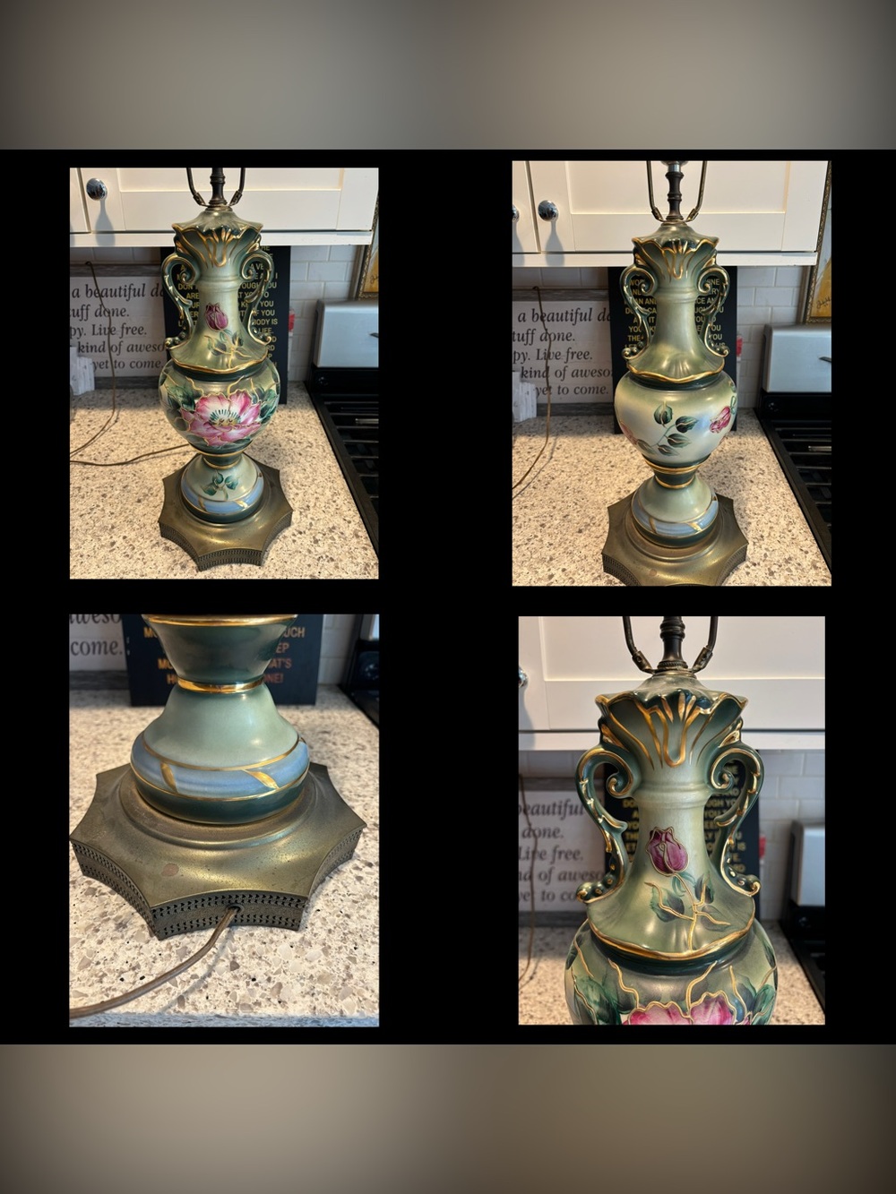 32” Vintage Porcelain Floral Double Handled Hand Painted Urn Style Lamp